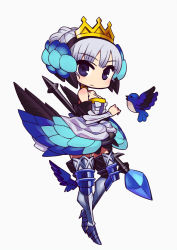 Rule 34 | 1girl, armor, bare shoulders, bird, blue eyes, boots, chan co, chibi, choker, crown, dress, full body, gwendolyn (odin sphere), hair ornament, leg wings, low wings, odin sphere, polearm, pteruges, short hair, solo, spear, strapless, strapless dress, thigh boots, thighhighs, weapon, white hair, wings