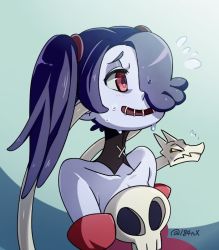 Rule 34 | 184nx, 1girl, blue hair, blue skin, blush, collarbone, colored skin, detached collar, green background, hair over one eye, leviathan (skullgirls), nervous, nervous smile, open mouth, red eyes, side ponytail, skullgirls, smile, solo, squigly (skullgirls), sweat, sweatdrop, upper body, zombie