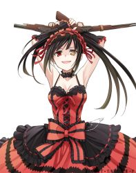 Rule 34 | 1girl, :d, armpits, arms up, asymmetrical hair, black hair, bow, breasts, choker, cleavage, clock eyes, collarbone, date a live, detached sleeves, dress, dual wielding, floating hair, frilled bow, frills, gothic lolita, gun, heterochromia, holding, holding gun, holding weapon, konoe (fogtracks), lolita fashion, long hair, medium breasts, open mouth, red bow, red dress, red eyes, sleeveless, sleeveless dress, smile, solo, standing, symbol-shaped pupils, tokisaki kurumi, transparent background, twintails, weapon, yellow eyes