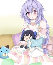 Rule 34 | 1girl, bare shoulders, blush, braid, breasts, choker, happy, highres, leggings, long hair, matrixjudge, neptune (series), noire (neptunia), open mouth, pajamas, pink eyes, stuffed toy, purple hair, pururut, ribbon, sitting, small breasts, smile, solo, thighhighs, thighs