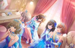 Rule 34 | 5girls, anastasia (idolmaster), anklet, aqua dress, bare shoulders, blue choker, blue dress, blue eyes, bob cut, breasts, brown hair, candle, candlestand, character request, check character, choker, closed eyes, closed mouth, collarbone, couch, curtains, dress, dressing room, dutch angle, elbow gloves, eyelashes, feet out of frame, flower, frilled dress, frills, game cg, gloves, grey hair, hair between eyes, hand up, hands up, high heels, honda mio, idolmaster, idolmaster cinderella girls, idolmaster cinderella girls starlight stage, indoors, jewelry, lace, lace-trimmed dress, lace trim, legs, lens flare, long dress, long hair, looking at another, looking down, medium breasts, medium hair, mirror, mole, mole under eye, multicolored clothes, multicolored dress, multiple girls, official art, open mouth, pumps, putting on shoes, sagisawa fumika, shimamura uzuki, shoes, short hair, sidelocks, sitting, takagaki kaede, tiara, tile floor, tiles, tissue box, white gloves