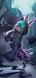 Rule 34 | 1girl, absurdres, animal ears, closed mouth, creature, ears through headwear, eyelashes, highres, hood, hood up, league of legends, leg up, light particles, light rays, living shadow, long eyelashes, looking at viewer, purple eyes, sleeves past fingers, sleeves past wrists, symbol-shaped pupils, tiptoes, toeless footwear, triangle-shaped pupils, vex (league of legends), yordle, yoshimori isa