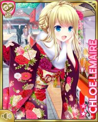 Rule 34 | 1girl, alternate hairstyle, blonde hair, blue eyes, bow, breasts, character name, chloe lemaire, flower, fur trim, girlfriend (kari), hair flower, hair ornament, hand on own face, japanese clothes, kimono, long hair, official art, open mouth, outdoors, purple kimono, qp:flapper, smile, solo, tagme