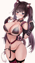 Rule 34 | 1girl, 462vvv, absurdres, animal ear fluff, animal ears, bare shoulders, bikini, black bikini, black gloves, blue eyes, blurry, blush, breasts, brown hair, cat ears, cat girl, cat tail, cleavage, collarbone, commentary, cowboy shot, fingerless gloves, gloves, goddess of victory: nikke, groin, hair between eyes, hair ribbon, hands up, heterochromia, highres, large breasts, long hair, looking at viewer, navel, nero (nikke), parted lips, pink eyes, pouch, red ribbon, ribbon, sidelocks, simple background, single thighhigh, skindentation, solo, standing, stomach, string bikini, swimsuit, tail, thighhighs, twintails, two-tone bikini, white background
