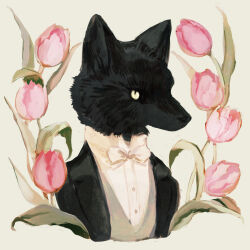 Rule 34 | 1boy, animal, animal focus, black jacket, bow, bowtie, closed mouth, commentary, dress shirt, english commentary, flower, formal, green background, green vest, high collar, highres, jacket, no humans, original, pink flower, pink tulip, portrait, shirt, simple background, slit pupils, solo, suit, tono (rt0no), tulip, vest, white bow, white bowtie, white shirt, wolf, yellow eyes