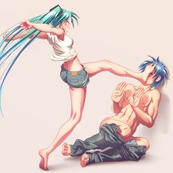 Rule 34 | &gt; &lt;, 1boy, 1girl, abs, angry, aqua hair, armpit peek, barefoot, blue hair, blush, breasts, clenched hands, clenched teeth, clothes pull, denim, denim shorts, closed eyes, feet, fingernails, foot on another&#039;s face, foot on head, full body, hands up, hatsune miku, in the face, jeans, kaito (vocaloid), kicking, kneepits, long hair, midriff, nail polish, outstretched arms, pants, pants pull, profile, topless male, short hair, shorts, simple background, small breasts, soles, teeth, toenail polish, toenails, toes, twintails, very long hair, violence, vocaloid, wokada