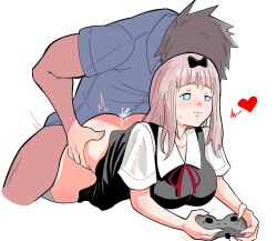 Rule 34 | 1boy, 1girl, ^^^, artist name, ass grab, black bow, black dress, blue eyes, bow, breasts, closed mouth, collarbone, controller, cum, cum in pussy, doggystyle, dress, ejaculation, fujiwara chika, game controller, hair bow, heart, highres, holding, holding controller, holding game controller, kaguya-sama wa kokurasetai ~tensai-tachi no renai zunousen~, large breasts, long hair, looking to the side, lying, on stomach, pink hair, sex, sex from behind, shirt, short sleeves, simple background, solo focus, sweatdrop, taku34128, thigh grab, thighs, twitter username, vaginal, white background, white shirt