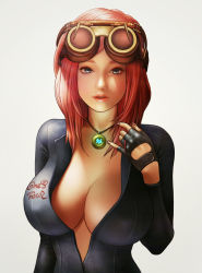 Rule 34 | 1girl, artist name, bad id, bad pixiv id, black gloves, blue eyes, bodysuit, breasts, character request, cleavage, covered erect nipples, female focus, fingerless gloves, gloves, goggles, goggles on head, grey eyes, half gloves, highres, jewelry, large breasts, looking at viewer, nail polish, necklace, one3four!, open clothes, original, pendant, pink hair, pink nails, red hair, signature, solo, upper body, white background