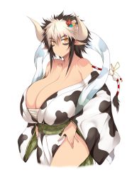 Rule 34 | 1girl, breasts, cathyl, cleavage, collarbone, hair ornament, highres, horns, huge breasts, japanese clothes, looking at viewer, minotaur, monster musume no iru nichijou, multicolored hair, obi, pointy ears, ponytail, sarashi, sash, shawl, short hair, simple background, thick thighs, thighs, tsukasawa takamatsu, two-tone hair, white background