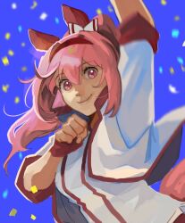 Rule 34 | 1girl, animal ears, blue background, chinese commentary, clenched hands, closed mouth, commentary request, confetti, ear covers, fingerless gloves, fist pump, gloves, hairband, haru urara (umamusume), headband, horse ears, horse girl, long hair, looking at viewer, pink eyes, pink hair, red gloves, red hairband, shirt, smile, solo, umamusume, upper body, white shirt, zi tsas