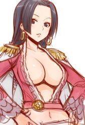 Rule 34 | 1girl, amazon lily, amazon warrior, black eyes, black hair, blush, boa hancock, breasts, cape, center opening, cleavage, earrings, epaulettes, face, ha-ru, hands on own hips, jewelry, large breasts, midriff, navel, one piece, simple background, solo