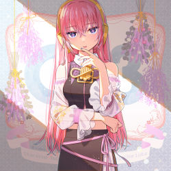 Rule 34 | 1girl, armband, bare shoulders, black shirt, black skirt, blouse, blue eyes, blue nails, character name, commentary, detached sleeves, finger to own chin, gold trim, headphones, highres, lips, long skirt, looking at viewer, megurine luka, nail polish, parted lips, pink hair, see-through, see-through sleeves, shirt, side slit, sidelighting, skirt, sleeveless, sleeveless shirt, solo, symbol in eye, twitter username, uchako, upper body, vocaloid
