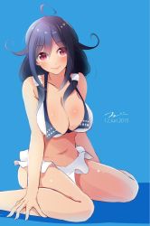 Rule 34 | 10s, 1girl, ahoge, bikini, blue background, blue hair, blush, breasts, cleavage, collarbone, dated, female focus, kantai collection, large breasts, long hair, looking at viewer, navel, red eyes, simple background, sitting, smile, solo, strap gap, swimsuit, taigei (kancolle), tebi (tbd11), wariza