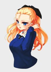 Rule 34 | 1girl, assam (girls und panzer), black necktie, black ribbon, blonde hair, blue eyes, blue sweater, commentary, cropped torso, dress shirt, girls und panzer, grey background, hair pulled back, hair ribbon, hand in own hair, highres, lips, long hair, long sleeves, necktie, no emblem, parted lips, ribbon, school uniform, shirt, simple background, solo, st. gloriana&#039;s school uniform, sweater, umxzo, v-neck, white shirt, wing collar