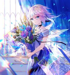 Rule 34 | 1girl, ahoge, bare arms, black choker, blue eyes, blue flower, blue theme, bouquet, choker, chromatic aberration, closed mouth, cowboy shot, criss-cross halter, curtains, dress, expressionless, feathers, flower, fuzichoco, hair between eyes, halterneck, highres, holding, looking at viewer, original, purple flower, rose, short hair, silver hair, solo, standing, white dress