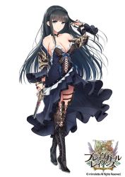 Rule 34 | 1girl, bad id, bad twitter id, bare shoulders, black hair, blue eyes, boots, brave girl ravens, breasts, choker, cleavage, company connection, copyright name, detached sleeves, dress, f-cla, frills, full body, gun, highres, holding, holding weapon, large breasts, long hair, looking at viewer, rurafisu (brave girl ravens), simple background, solo, standing, thigh boots, thighhighs, weapon, white background