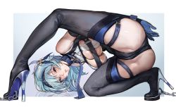 Rule 34 | 1girl, absurdres, areola slip, ass, bare shoulders, blue hair, blue necktie, boots, breasts, chain, collar, commentary, drooling, eula (genshin impact), flexible, genshin impact, gloves, gradient background, hair ornament, hairband, heart, heart-shaped pupils, high heel boots, high heels, highres, iuui, large breasts, light blue hair, looking at viewer, necktie, parted lips, partially visible vulva, revision, simple background, solo, sweat, symbol-only commentary, symbol-shaped pupils, tearing up, thigh boots, thighhighs