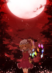 Rule 34 | 1girl, aoi (annbi), arms up, ascot, blonde hair, bow, female focus, flandre scarlet, full moon, glowing, glowing wings, hat, hat bow, highres, light particles, moon, open mouth, red eyes, red moon, red sky, short hair, side ponytail, skirt, skirt set, sky, smirk, solo, embodiment of scarlet devil, touhou, wings