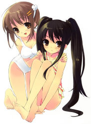 Rule 34 | 2girls, :/, :d, absurdres, barefoot, black hair, breast envy, breasts, brown eyes, brown hair, casual one-piece swimsuit, cleavage, feet, frilled swimsuit, frills, hands on shoulders, highres, incredibly absurdres, ito noizi, kneeling, hugging own legs, long hair, long legs, multiple girls, one-piece swimsuit, open mouth, shakugan no shana, shana, sitting, smile, soles, sweatdrop, swimsuit, twintails, wavy mouth, yoshida kazumi