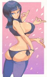 Rule 34 | 1girl, alternate breast size, ass, bikini, black hair, blue eyes, breasts, butt crack, clothes pull, extra arms, hana hana no mi, highres, inkerton-kun, large breasts, multiple arms, nico robin, one piece, pants, pants pull, purple background, solo, swimsuit