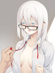 Rule 34 | 1girl, asutora, asutora-chan, black-framed eyewear, blue eyes, breasts, collarbone, colored eyelashes, commentary request, glasses, hair between eyes, highres, long hair, medium breasts, mole, mole under eye, neck ribbon, no bra, open clothes, open mouth, open shirt, original, out of frame, red ribbon, ribbon, shirt, solo focus, untied ribbon, upper body, white hair, white shirt