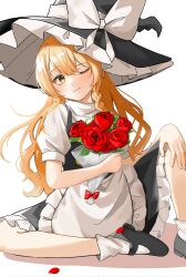 Rule 34 | 1girl, apron, black footwear, black hat, black skirt, blonde hair, blush, bow, braid, commentary request, flower, frilled apron, frilled hat, frilled skirt, frills, hat, hat bow, highres, kirisame marisa, long hair, mary janes, one eye closed, puffy sleeves, red flower, red rose, reitaisai, rose, shirt, shoes, side braid, simple background, single braid, sitting, skirt, socks, solo, temmie (temi maru), touhou, turtleneck, very long hair, waist apron, white apron, white background, white bow, white shirt, white socks, witch hat, yellow eyes