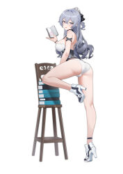 Rule 34 | 1girl, :p, absurdres, arm strap, ass, bare back, bare shoulders, book, book stack, breasts, bronya zaychik, bronya zaychik (silverwing: n-ex), chair, crossed bangs, dress, drill hair, full body, grey eyes, grey hair, hair between eyes, hair ornament, helenu, highres, holding, holding book, honkai (series), honkai impact 3rd, large breasts, long hair, looking at viewer, panties, sidelocks, simple background, sleeveless, solo, swimsuit, thighs, tongue, tongue out, underwear, white dress, white footwear, white panties