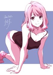 Rule 34 | 1girl, 2020, all fours, ass, black shirt, blue background, breasts, cleavage, closed mouth, collarbone, female focus, highres, knees together feet apart, long hair, looking at viewer, medium breasts, nii manabu, no pants, original, outside border, panties, pink eyes, pink hair, pink panties, pink socks, shirt, signature, sleeveless, sleeveless shirt, smile, socks, solo, split mouth, two-tone background, underwear, underwear only, white background