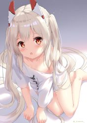 Rule 34 | 1girl, alternate hairstyle, areola slip, arm support, ayanami (azur lane), azur lane, bare legs, barefoot, bed sheet, blurry, breasts, clenched hands, collarbone, commentary request, eyes visible through hair, from above, head tilt, headgear, highres, long hair, looking at viewer, looking up, orange eyes, oversized clothes, oversized shirt, pajamas, parted lips, shade, shirt, sidelocks, silver hair, sironora, sitting, small breasts, solo, t-shirt, thighs, twintails, twitter username, wariza, white shirt