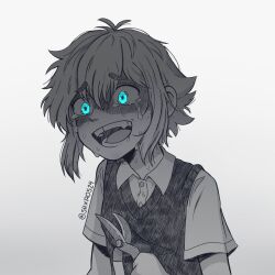 Rule 34 | 1boy, basil (faraway) (omori), basil (omori), blue eyes, collared shirt, crying, crying with eyes open, glowing, glowing eyes, greyscale, highres, male focus, monochrome, omori, open mouth, shirt, short hair, short sleeves, shxro524, solo, spoilers, sweat, sweater vest, tearing up, tears, teeth, tongue, twitter username, upper body, yandere