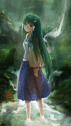 Rule 34 | 1girl, aki tsui, arms behind back, backlighting, barefoot, blue eyes, blue skirt, breasts, detached sleeves, fog, forest, frog hair ornament, grass, green hair, hair ornament, hair tubes, highres, holding own wrist, kochiya sanae, legs, light rays, long hair, long skirt, looking at viewer, looking back, moss, nature, parted lips, rock, rope, scenery, shimenawa, skirt, sleeveless, snake hair ornament, solo, stairs, stream, teeth, torii, touhou, tree, very long hair, wading, water, when you see it