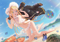 Rule 34 | 1girl, :d, abigail williams (fate), abigail williams (swimsuit foreigner) (fate), abigail williams (swimsuit foreigner) (third ascension) (fate), ball, barefoot, beach, beachball, bikini, black jacket, blonde hair, blue eyes, blue sky, blush, bow, braid, bug, butterfly, collarbone, day, dutch angle, fat123, fate/grand order, fate (series), flat chest, floating hair, food, fruit, full body, hair bow, hat, highres, holding, holding clothes, holding jacket, innertube, insect, jacket, kneeling, long hair, looking at viewer, navel, ocean, open mouth, outdoors, parted bangs, ribbon, sky, smile, solo, summer, swim ring, swimsuit, very long hair, watermelon, white bikini, white bow, white hat, white ribbon