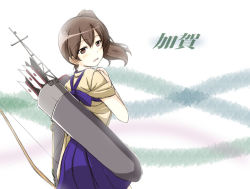 Rule 34 | 10s, 1girl, 2girls, arrow (projectile), bad id, bad pixiv id, blush, bow (weapon), brown eyes, brown hair, character name, japanese clothes, kaga (kancolle), kantai collection, kuroma (no plan), looking back, multiple girls, muneate, open mouth, personification, quiver, short hair, side ponytail, skirt, smile, solo, tasuki, weapon