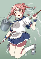 Rule 34 | 10s, 1girl, apron, blue sailor collar, blue skirt, blurry, bucket, depth of field, frilled apron, frilled skirt, frills, full body, gradient background, grey background, hair bobbles, hair ornament, highres, jumping, kagari liroi, kantai collection, kneehighs, looking at viewer, open mouth, pink hair, pleated skirt, puffy short sleeves, puffy sleeves, red eyes, sailor collar, sazanami (kancolle), sazanami kai (kancolle), school uniform, serafuku, short hair, short sleeves, skirt, socks, solo, stick, twintails, white apron, white socks, wrist cuffs