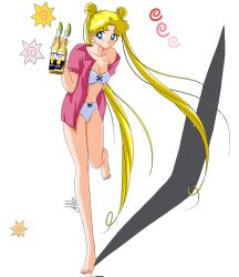 Rule 34 | 1girl, alcohol, anello81, bare shoulders, beer, bishoujo senshi sailor moon, blonde hair, blue eyes, bottle, breasts, corona (brand), full body, highres, lingerie, long hair, medium breasts, open clothes, open shirt, short sleeves, smile, standing, standing on one leg, tsukino usagi, twintails, underwear, very long hair, white background
