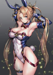 Rule 34 | 1girl, adapted costume, animal ears, armpits, arms up, blonde hair, blue eyes, blue leotard, bow, bowtie, bradamante (fate), breasts, cleavage, covered navel, detached collar, detached sleeves, fate/grand order, fate (series), gloves, gold trim, gradient background, grey background, groin, highres, large breasts, leotard, long hair, playboy bunny, rabbit ears, rabbit tail, red bow, red bowtie, solo, strapless, strapless leotard, suishougensou, suspenders, tail, thigh strap, thighs, twintails, very long hair, white gloves, white leotard