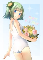 Rule 34 | 1girl, ass, bare arms, bare shoulders, blue background, blue eyes, bouquet, closed mouth, commentary request, flower, from behind, gradient background, green hair, happy birthday, highres, holding, holding bouquet, looking at viewer, looking back, old school swimsuit, one-piece swimsuit, original, pink flower, pink rose, rose, school swimsuit, shibacha, smile, solo, sparkle, swimsuit, white background, white one-piece swimsuit