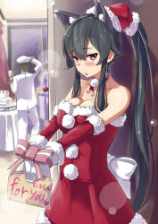 Rule 34 | 10s, 1boy, 1girl, admiral (kancolle), bare shoulders, black hair, blush, bow, breasts, brown hair, christmas, dress, elbow gloves, gloves, hat, kantai collection, large breasts, long hair, looking at viewer, open mouth, ponytail, red dress, santa costume, santa hat, strapless, strapless dress, very long hair, yahagi (kancolle), yuuzuki (re&#039;ef)