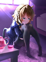 Rule 34 | 1girl, absurdres, ahoge, assault lily, backlighting, bed, black pantyhose, black skirt, blue eyes, braid, brown hair, carpet, closed mouth, commentary request, cup, frilled skirt, frills, full body, futagawa fumi, glass teapot, hair over shoulder, head on knee, head rest, high-waist skirt, highres, hugging own legs, indoors, juliet sleeves, knees to chest, knees together feet apart, knees up, light brown hair, long sleeves, looking away, medium hair, miniskirt, mitama mochi, no shoes, on floor, pantyhose, pigeon-toed, puffy sleeves, school uniform, single braid, sitting, skirt, smile, solo, teapot, thighband pantyhose, window, yurigaoka girls academy school uniform