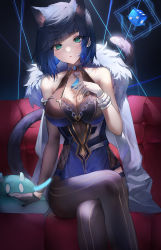 Rule 34 | 1girl, absurdres, animal ears, arm support, asymmetrical gloves, bare shoulders, black gloves, blue hair, breasts, cat ears, cat tail, cleavage, commentary, couch, crossed legs, dice, feet out of frame, fingerless gloves, fur-trimmed jacket, fur trim, genshin impact, gloves, green eyes, highres, jacket, jacket on shoulders, kemonomimi mode, large breasts, looking at viewer, mismatched gloves, mole, mole on breast, ramune (raamu), short hair, sitting, sleeveless, slime (genshin impact), solo, tail, white gloves, white jacket, yelan (genshin impact)