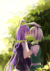 Rule 34 | 2girls, animal ears, blazer, blurry, bob cut, couple, covered mouth, day, depth of field, closed eyes, from side, hair ribbon, hands on another&#039;s shoulders, jacket, kiss, konpaku youmu, long hair, long sleeves, multiple girls, outdoors, plant, profile, puffy short sleeves, puffy sleeves, purple hair, rabbit ears, reisen udongein inaba, ribbon, shen yi, short hair, short sleeves, silver hair, standing, touhou, tree, very long hair, vest, yuri