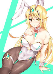 Rule 34 | 1girl, absurdres, animal ears, arm support, bare shoulders, black pantyhose, blonde hair, blush, bow, bowtie, breasts, cleavage, closed mouth, collarbone, daive, detached collar, earrings, fake animal ears, fishnet pantyhose, fishnets, gem, green background, highres, jewelry, large breasts, leotard, long hair, looking at viewer, mythra (xenoblade), nintendo, pantyhose, playboy bunny, rabbit ears, red bow, red bowtie, sitting, solo, thighs, two-tone background, white background, xenoblade chronicles (series), xenoblade chronicles 2, yellow eyes