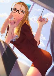 Rule 34 | 1girl, absurdres, alternate costume, antenna hair, backlighting, bent over, bespectacled, black-framed eyewear, blonde hair, blue bow, bow, breasts, capcom, classroom, cleavage, commentary request, day, dutch angle, forehead, glasses, hair bow, hara kenshi, head rest, high-waist skirt, highres, indoors, kanzuki karin, light smile, looking at viewer, medium breasts, orange eyes, pinky out, pointer, skirt, solo, street fighter, teacher