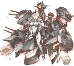 Rule 34 | 1girl, abyssal ship, anchor, artist request, black thighhighs, breasts, buttons, chain, colored skin, garter straps, gloves, grey thighhighs, hair ornament, headdress, kantai collection, leotard, long hair, low twintails, medium breasts, modernized battleship princess, official art, pale skin, parted lips, red eyes, solo, teeth, thighhighs, transparent background, turret, twintails, white gloves, white leotard, white skin