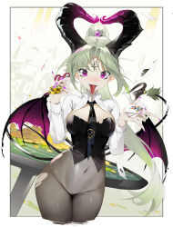 Rule 34 | 1girl, absurdres, bat wings, border, breasts, card, casino, casino card table, club (shape), covered navel, cropped legs, demon girl, demon horns, demon tail, demon wings, diamond (shape), dice, dice hair ornament, facial mark, fangs, fingernails, forehead mark, green hair, groin, hair ornament, hair tie, heart, helic (7317helic), high ponytail, highres, holding, holding card, horns, joker (playing card), large breasts, leotard, long hair, looking at viewer, nail polish, necktie, open mouth, original, outside border, playing card, pointy ears, poker chip, ponytail, purple eyes, purple nails, shrug (clothing), spade (shape), standing, table, tail, tongue, tongue out, torn clothes, w arms, wings