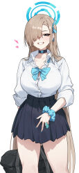 Rule 34 | 1girl, absurdres, asuna (blue archive), black bag, black choker, black skirt, blue archive, blue bow, blue bowtie, blue eyes, blue halo, blue nails, blue ribbon, blue scrunchie, bow, bowtie, breasts, brown hair, choker, commentary request, fingernails, hair over one eye, hair ribbon, halo, highres, large breasts, long hair, looking at viewer, nail polish, r1zen, ribbon, school uniform, scrunchie, shirt, simple background, skirt, smile, standing, thighs, very long hair, white background, white shirt, wrist scrunchie