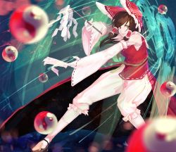 Rule 34 | 1girl, bejili, bow, breasts, brown hair, commentary request, detached sleeves, frilled hair tubes, frills, full body, gohei, hair bow, hair tubes, hakurei reimu, holding, long hair, long skirt, looking at viewer, medium breasts, ofuda, orb, red bow, red eyes, red shirt, red skirt, ribbon-trimmed sleeves, ribbon trim, sandals, sarashi, shirt, shorts, showgirl skirt, sidelocks, skirt, smile, socks, solo, touhou, white shorts, white sleeves, white socks, yin yang, yin yang orb, zouri