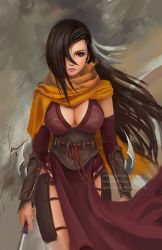 Rule 34 | 1girl, breasts, brown eyes, brown hair, cleavage, fire emblem, hair over one eye, highres, justin paul, kagero (fire emblem), large breasts, long hair, looking at viewer, nintendo, scarf, yellow scarf