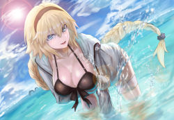 Rule 34 | 1girl, :d, absurdres, bikini, black bikini, black headband, blonde hair, blue eyes, blue hoodie, braid, braided ponytail, breasts, cleavage, cloud, collarbone, commentary request, day, dolphin, fate/grand order, fate (series), headband, highres, hood, hood down, hoodie, jeanne d&#039;arc (fate), jeanne d&#039;arc (ruler) (fate), jeanne d&#039;arc (swimsuit archer) (fate), jeanne d&#039;arc (swimsuit archer) (first ascension) (fate), kuen (kuennn12), large breasts, leaning forward, lens flare, long hair, looking at viewer, ocean, open mouth, partially submerged, smile, solo, splashing, standing, sun, sunlight, swimsuit, thigh strap, very long hair, wading