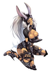 Rule 34 | 1girl, animal ears, armor, black nails, breasts, brown eyes, cleavage, dark-skinned female, dark skin, ears through headwear, final fantasy, final fantasy xii, fingernails, fran (ff12), gauntlets, greaves, helmet, high heels, highres, homare (fool&#039;s art), large breasts, long fingernails, long hair, looking at viewer, nail polish, parted lips, ponytail, rabbit ears, revealing clothes, simple background, sitting, solo, very long hair, viera, wariza, white background, white hair
